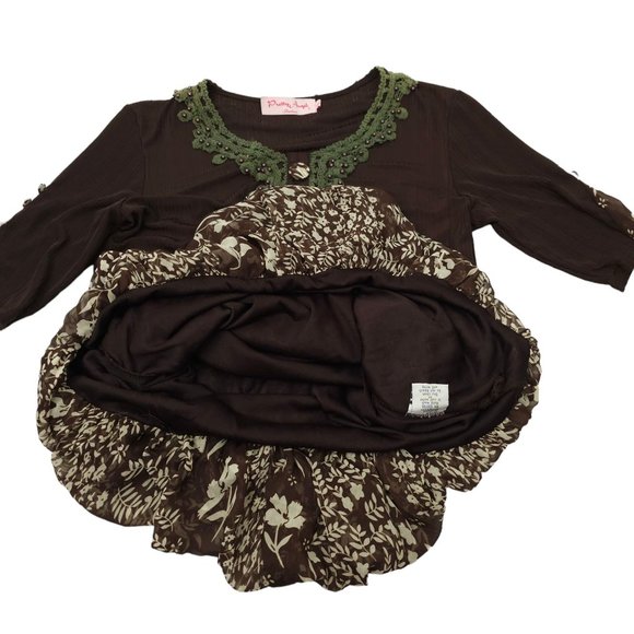 Pretty Angel Chocolate Floral Boho Tunic Top Womens L Crochet Trim Button Detail - Picture 6 of 15
